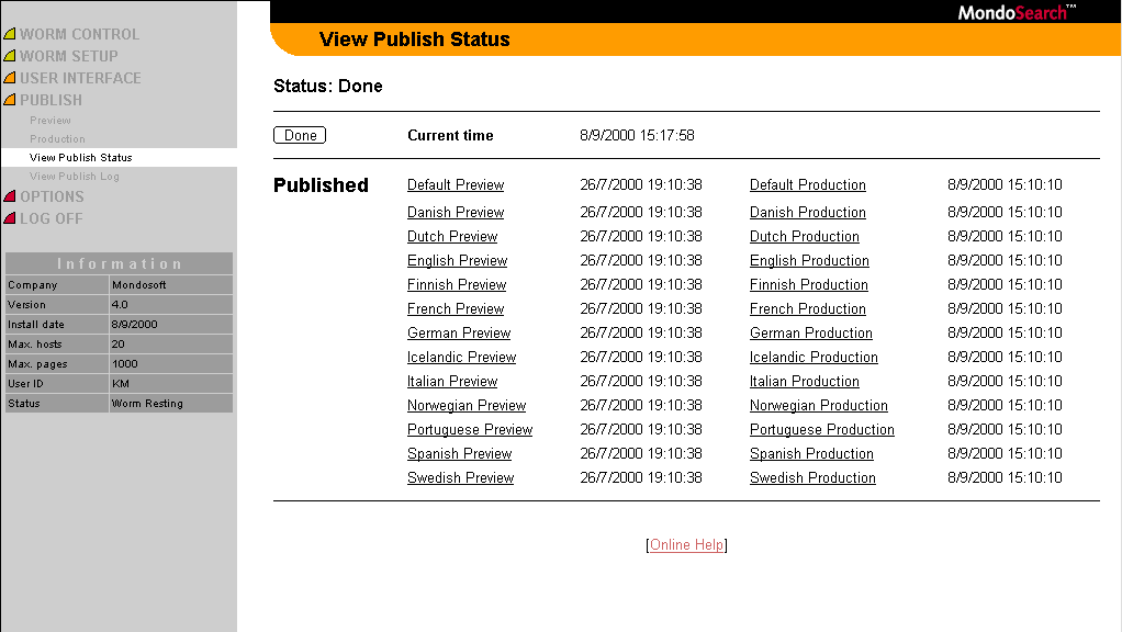 MondoSearch Publish Status Screen
